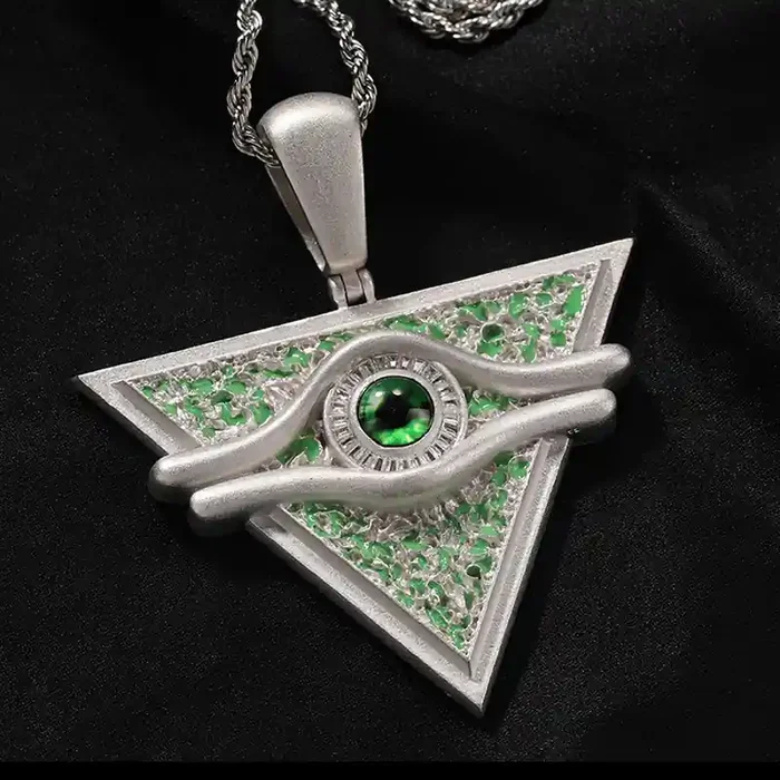 Helloice Iced Green Enamel Baguette Cut Egyptian Pyramid Eye of Horus Pendant