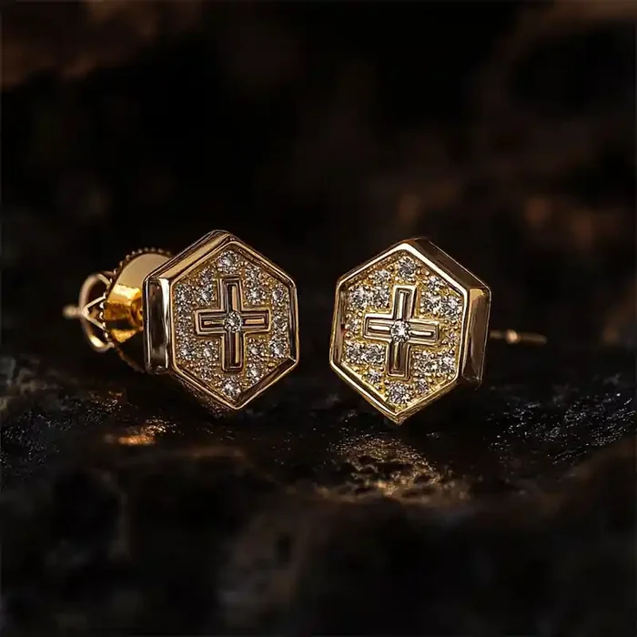 Helloice Iced Hexagon with Cross Stud Earrings