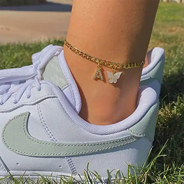 Helloice Iced Initial Letter and Butterfly Charms Anklet
