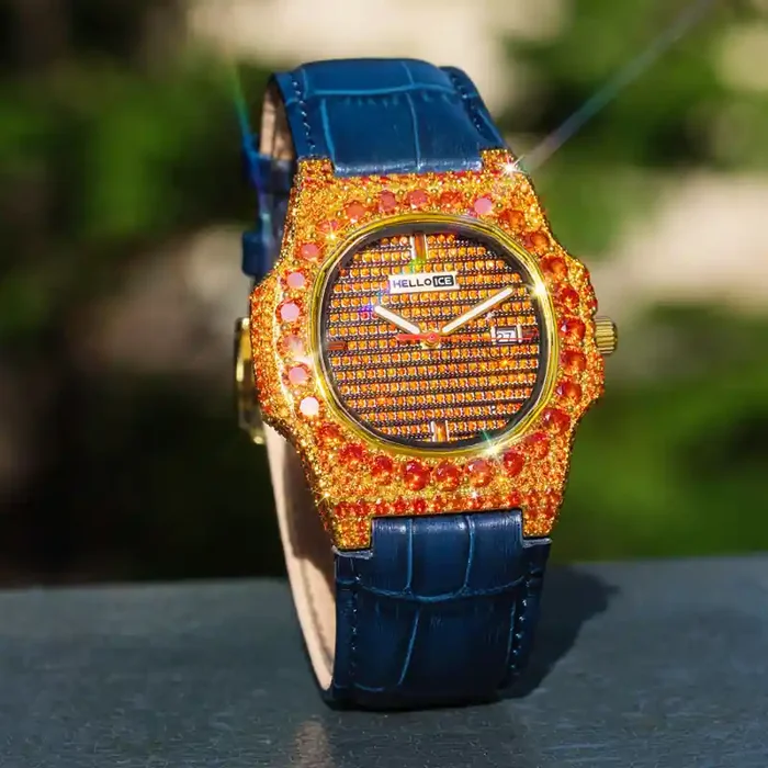 Helloice Iced Orange Stones Watch in Gold with Leather Strap