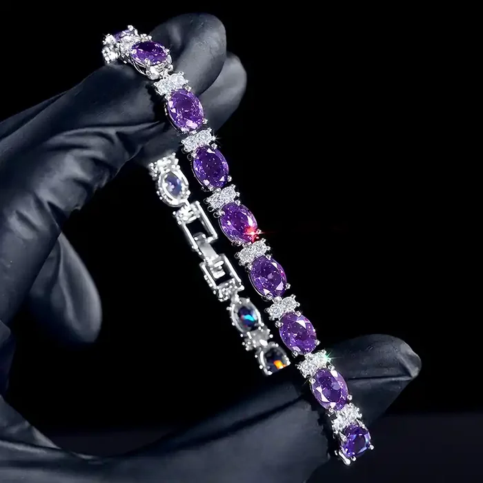Helloice Iced Out Purple Oval Stone Bracelet in White Gold