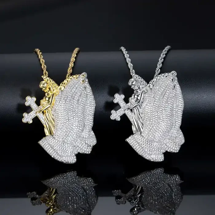 Helloice Iced Praying Hands Cross Angel Pendant