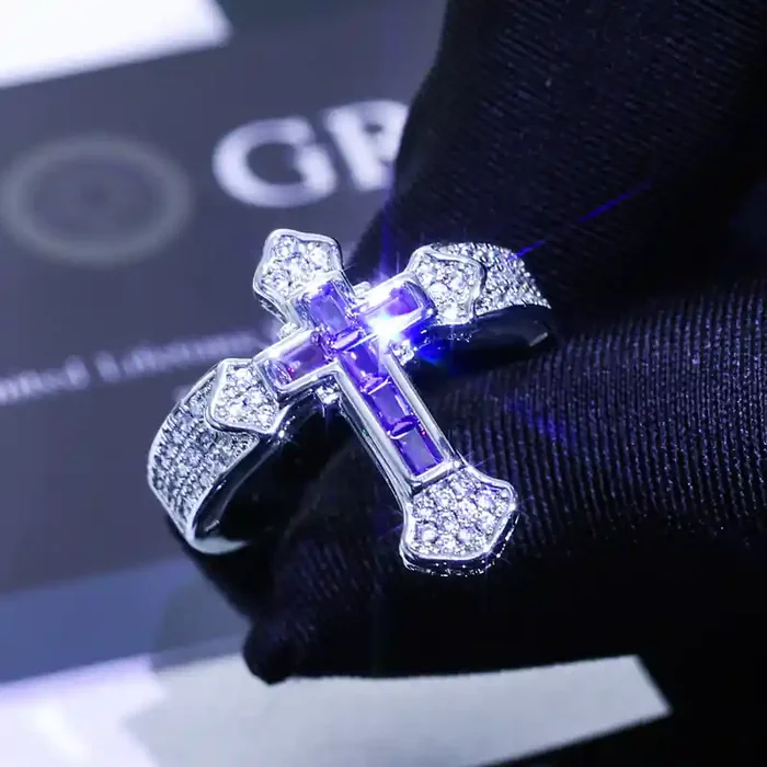 Helloice Iced Purple/White Baguette Cut Cross Ring