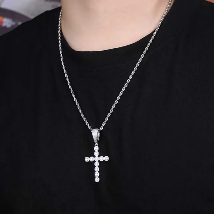 Helloice Iced Round Cut Diamonds Cross Pendant in White Gold