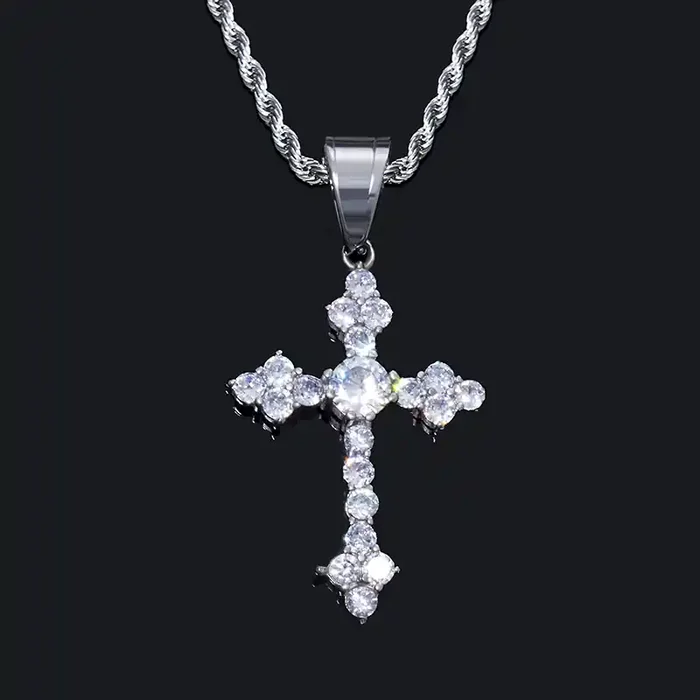 Helloice Iced Round Cut Stones Cross Pendant in White Gold