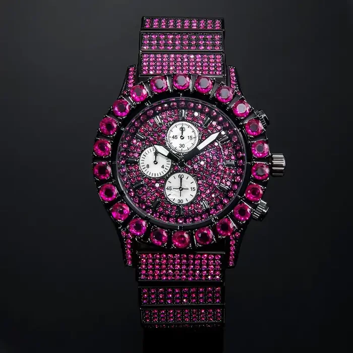 Helloice Iced Ruby Round Cut Luminous Men‘s Watch in Black Gold