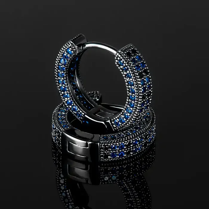 Helloice Iced Sapphire & Black Stones Hoop Earring In Black Gold