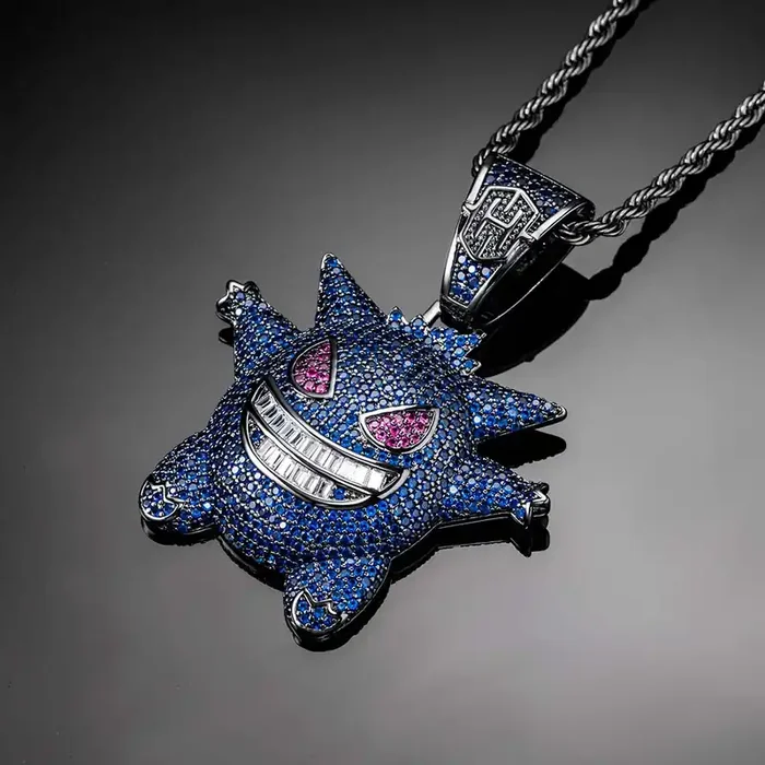 Helloice Iced Sapphire Gengar Pendant in Black Gold