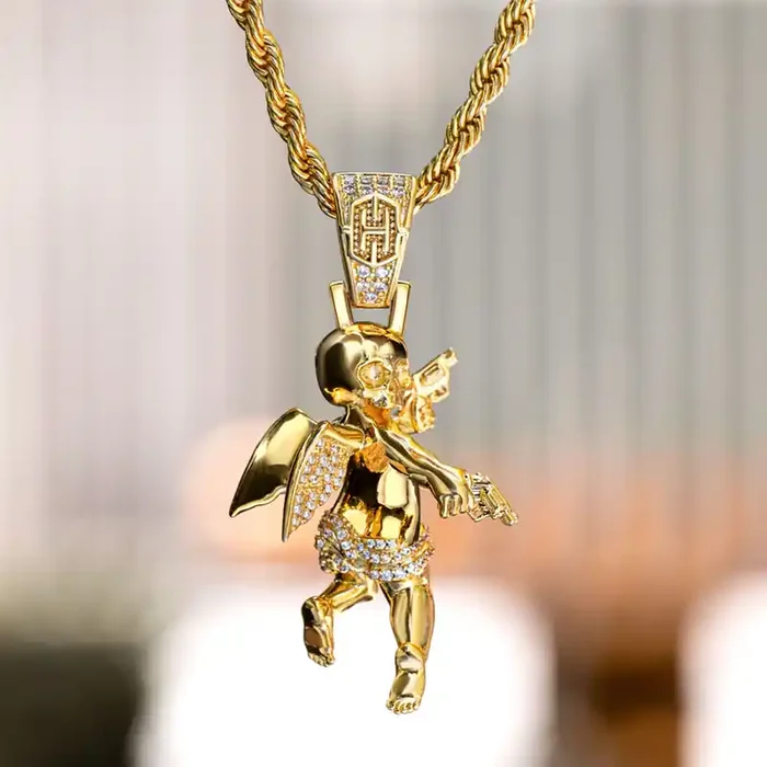 Helloice Iced Skull Angel with Shooting Machinery Pendant