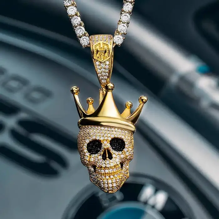 Helloice Iced Skull with King Crown Pendant in Gold