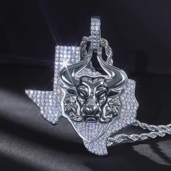 Helloice Iced Texas Angry Bull Pendant in White Gold