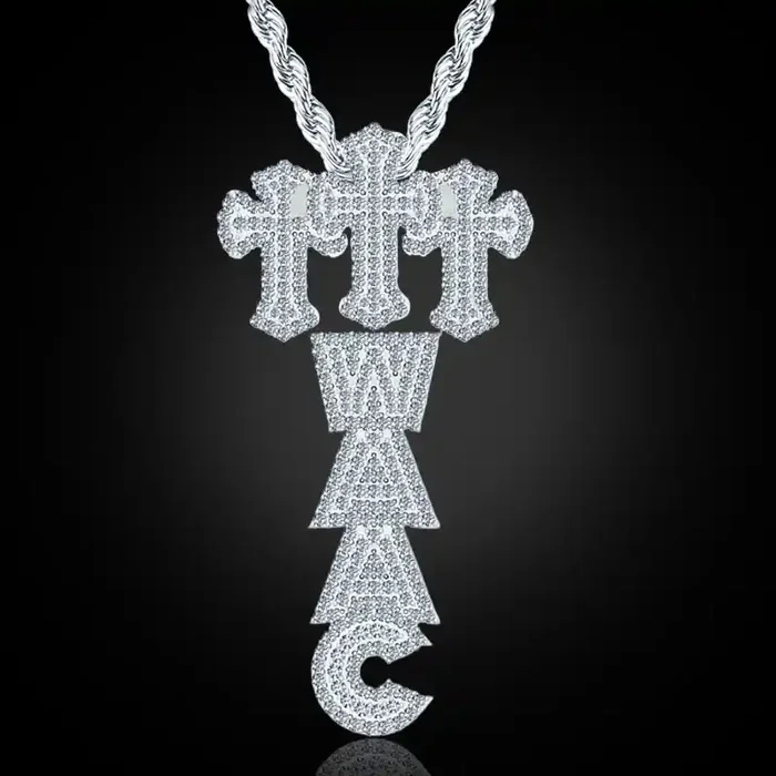 Helloice Iced Triple Cross Custom Vertical Name Pendant