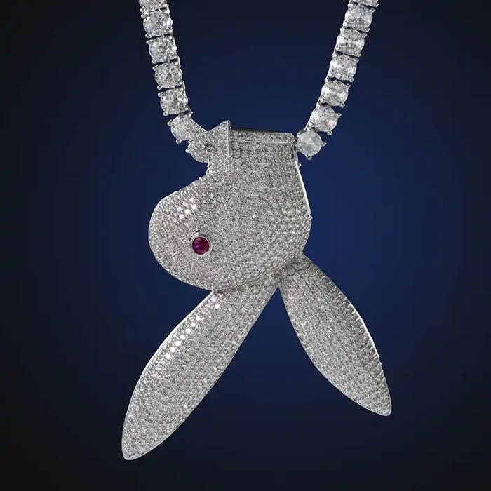Helloice Iced Upside Down Bunny Head Pendant in White Gold