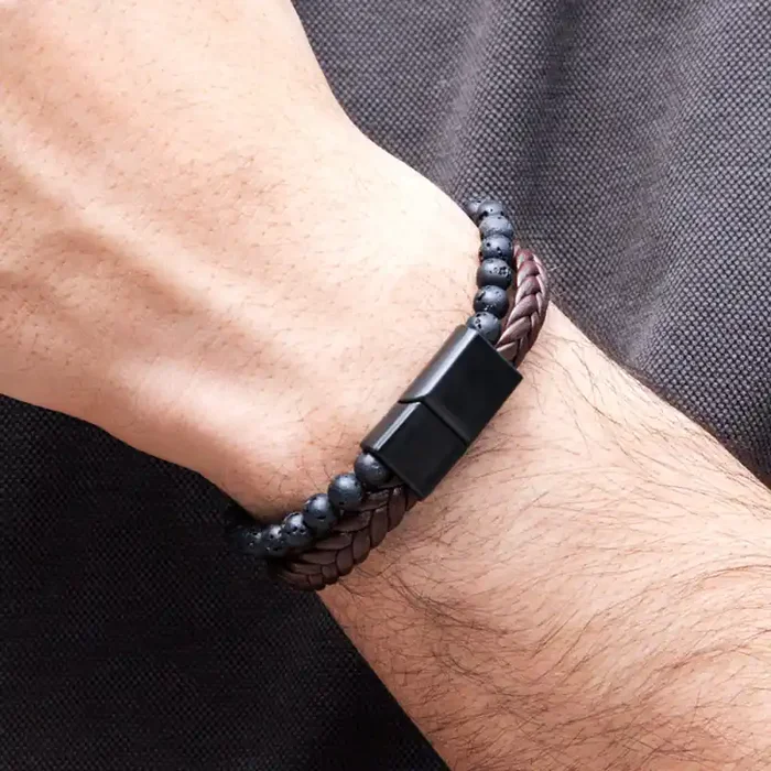 Helloice Lava Stone Brown Leather Layered Bracelet