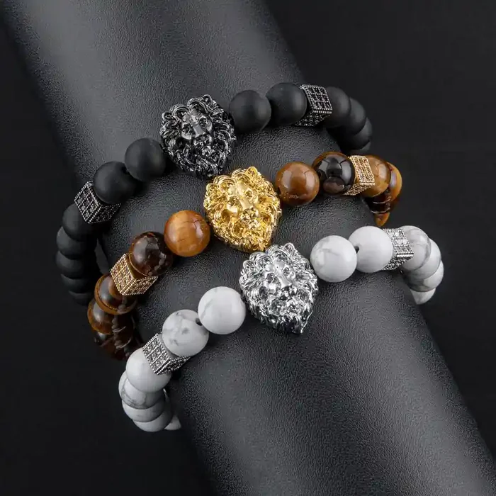 Helloice Lion Tiger Eye White Turquoise Beaded Adjustable Bracelet
