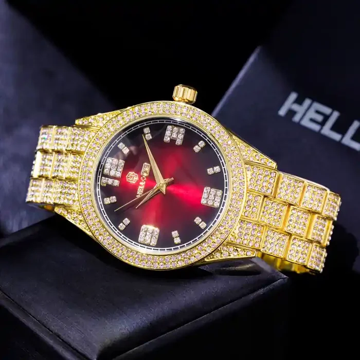 Helloice Luxury Iced Ruby Roman Numerals Dial Watch