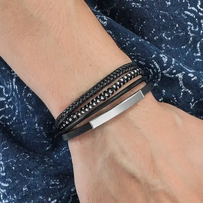 Helloice Men‘s Engraved Leather Stranded Bracelet