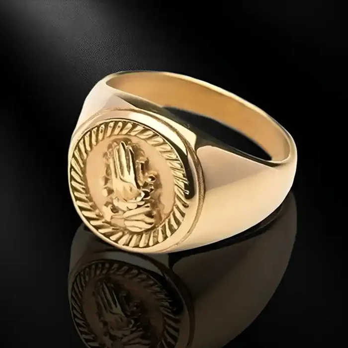 Helloice Men‘s Engraved Praying Hands Grateful Signet Ring