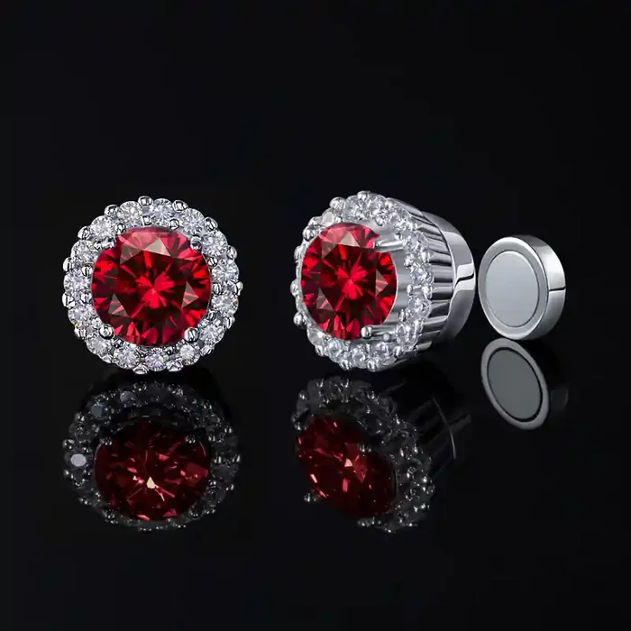 Helloice Moissanite Round Cut Magnetic Non-Piercing Garnet Stud Earrings in S925 Silver
