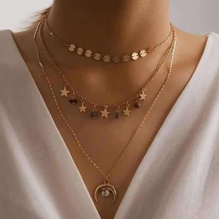 Helloice Moon and Star Tassel Layered Necklace