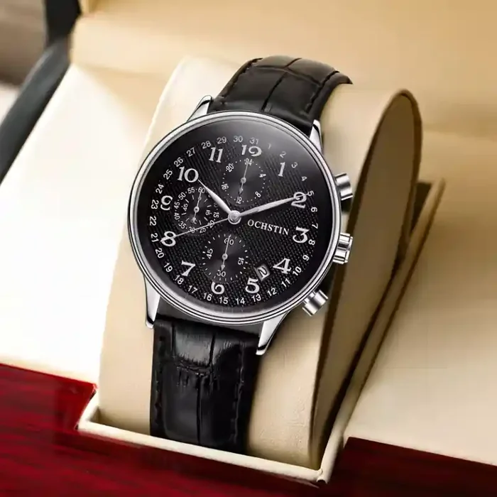 Helloice Multifunctional Black Men‘s Watch with Leather Strap