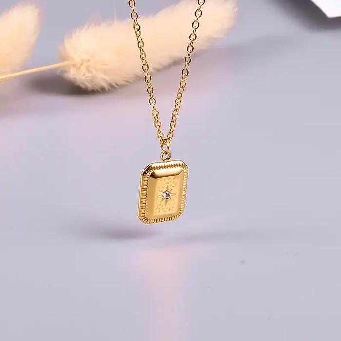Helloice Octagram Embossed Stainless Steel Square Necklace