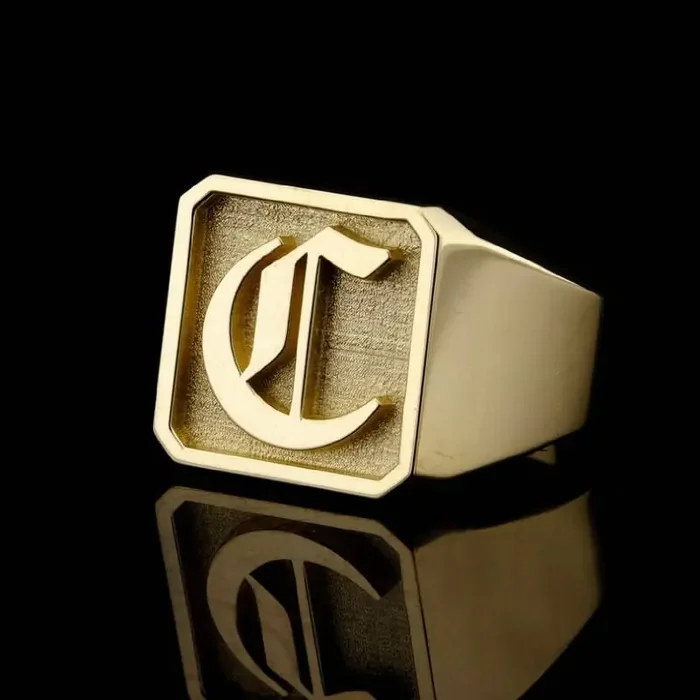 Helloice Old English Font 26 Initial Letters Rectangle Signet Ring