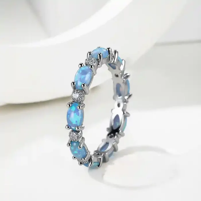 Helloice Oval Cut Blue Opal Eternity Band with White Plated