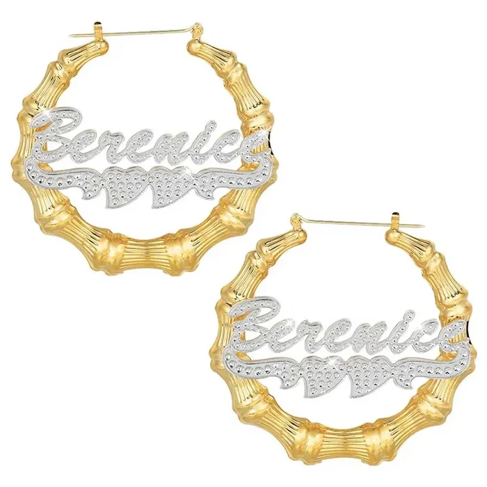 Helloice Personalized Two Tone Double Heart Bamboo Name Hoop Earrings