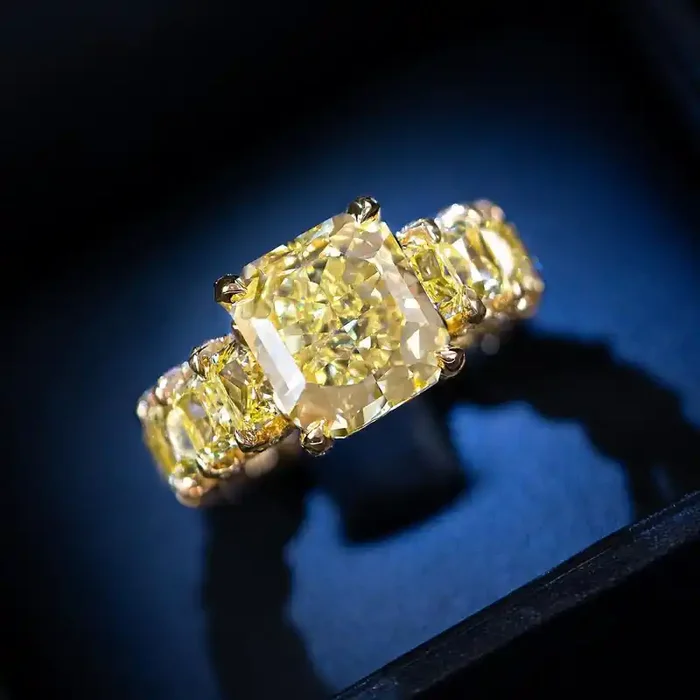 Helloice Radiant Cut Yellow Diamonds Golden Tone Engagement Ring