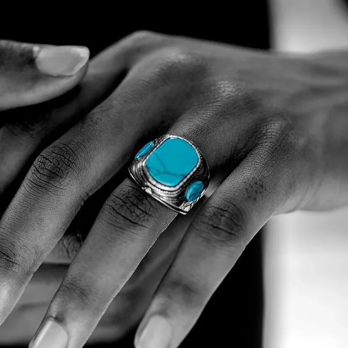 Helloice Retro Vintage Stainless Steel Blue Gem Ring