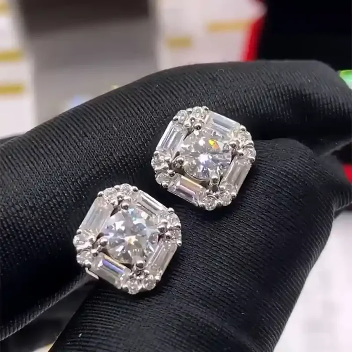 Helloice Round and Baguette Diamond Earrings