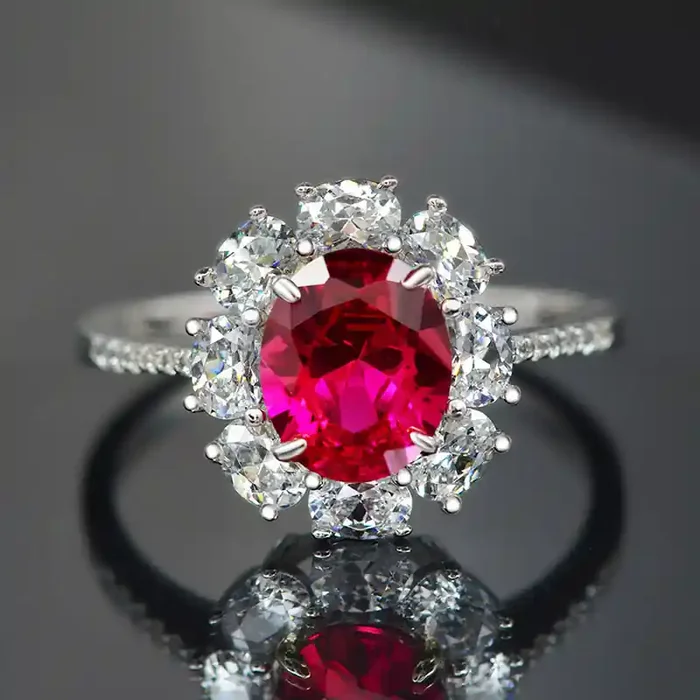 Helloice Ruby Oval Cut Halo Engagement Ring