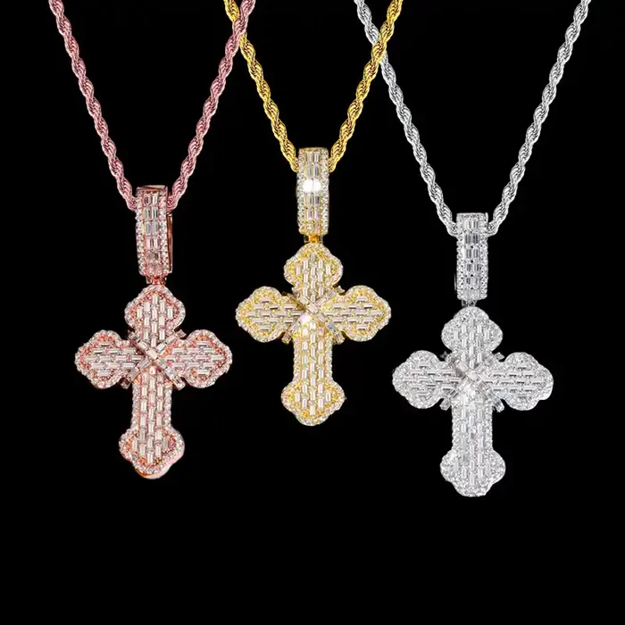 Helloice S925 & Moissanite Baguette Round Cut Cross Pendant