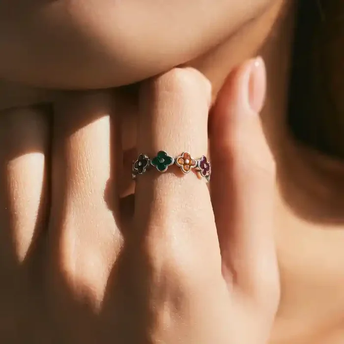 Helloice S925 Silver Colorful Four Leaf Clover Wedding Band