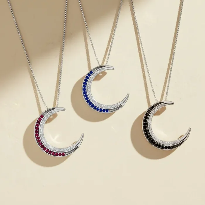 Helloice S925 Silver Crescent Moon Diamond Pendant Necklace