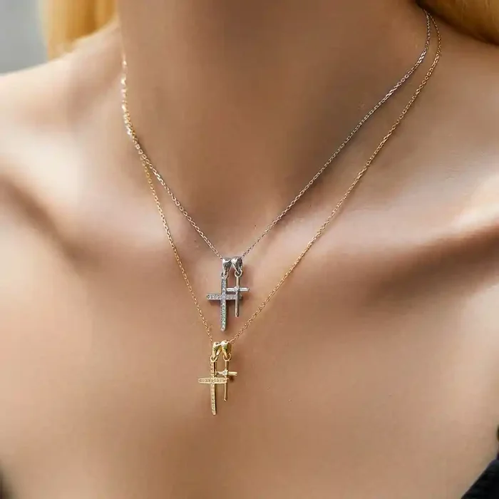 Helloice S925 Silver Double Cross Dianmond Pendent Necklace