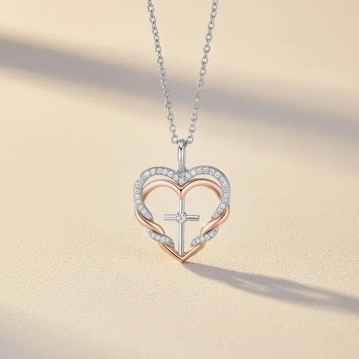 Helloice S925 Silver Double Heart & Cross Diamond Pendant Necklace