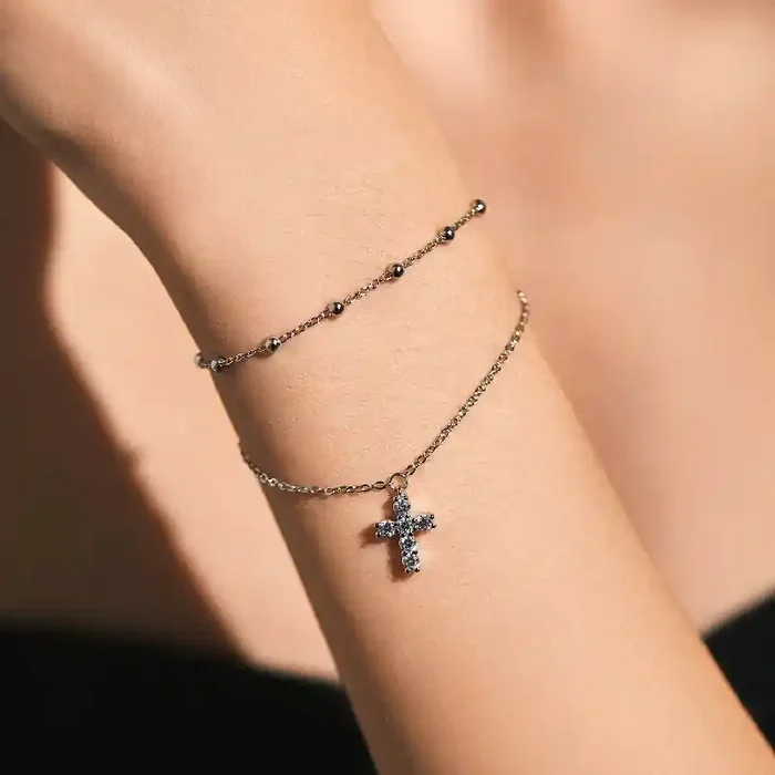 Helloice S925 Silver Double Layer Cross Adjustable Bracelet