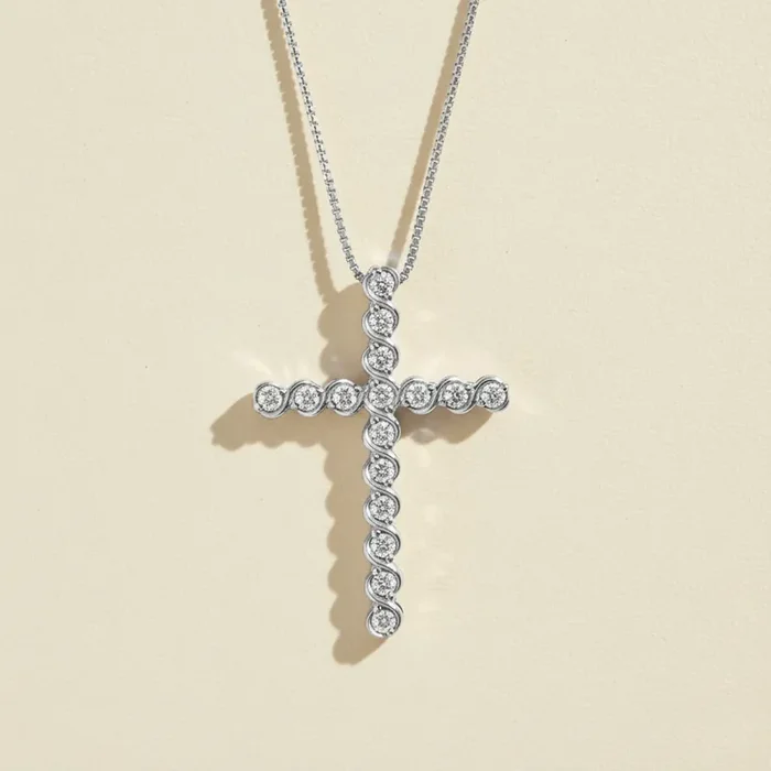 Helloice S925 Silver Faithful Cross Full Diamond Pendent Necklace