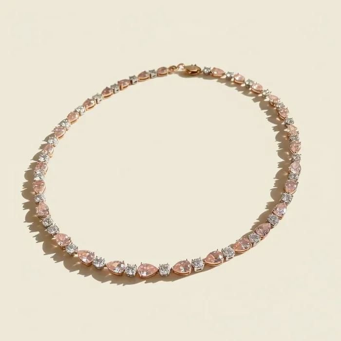 Helloice S925 Silver Pink Pear Cut and Round Diamond Tennis Necklace
