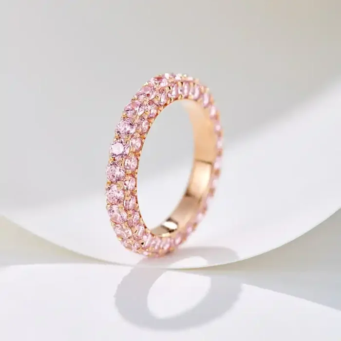 Helloice S925 Silver Three-Sided Pave Pink Gemstones Wedding Band