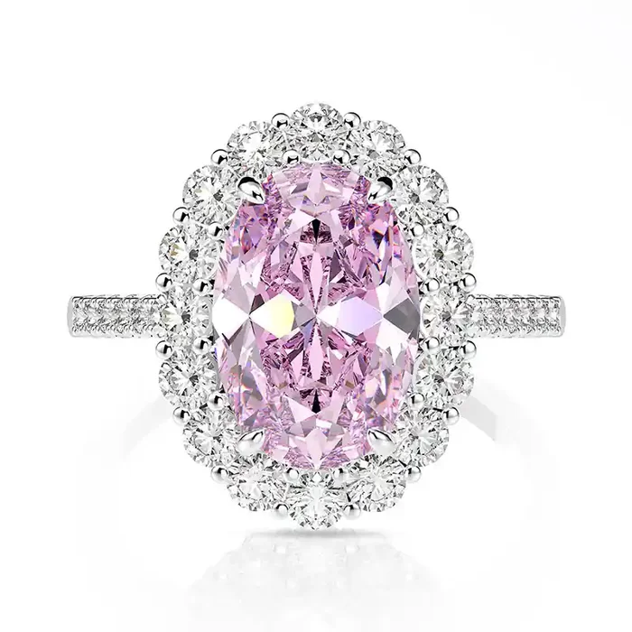 Helloice Sparkling Pink Oval Cut Halo Ring