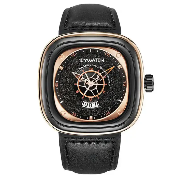 Helloice Square Arabic Numeral Men‘s Watch with Black Leather Strap