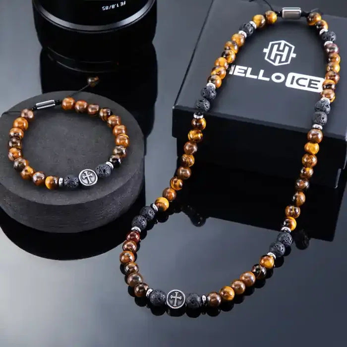 Helloice Tiger Eye Stone Adjustable Bracelet & Necklace Set 8mm