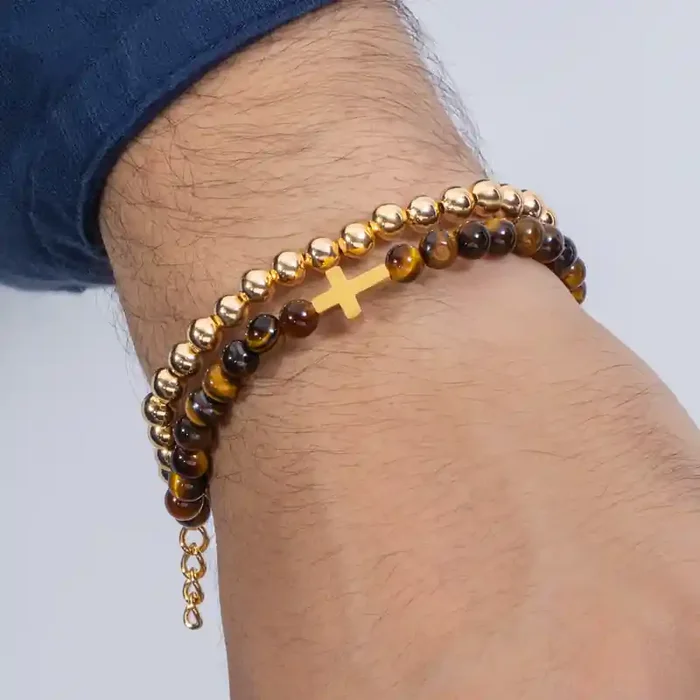 Helloice Tiger Eye Stone Beads Double Chain Cross Bracelet