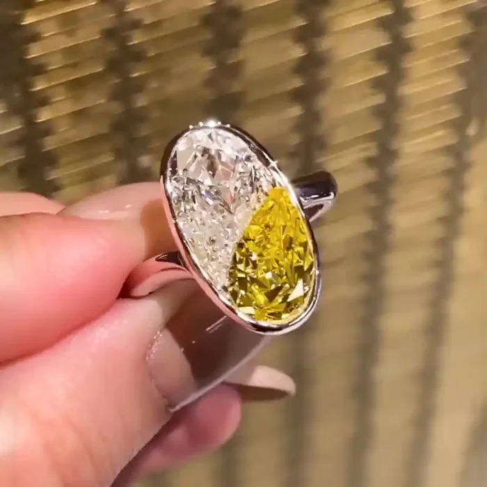Helloice White & Yellow Pear Cut Oval Shape Bezel Engagement Ring