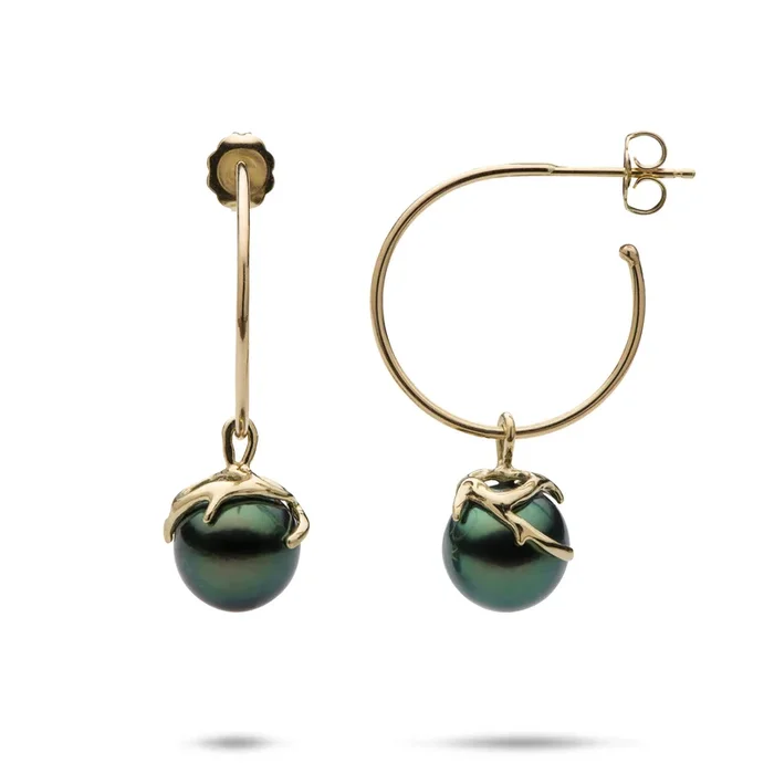 Heritage Tahitian Black Pearl Earrings in Gold – 9-10mm