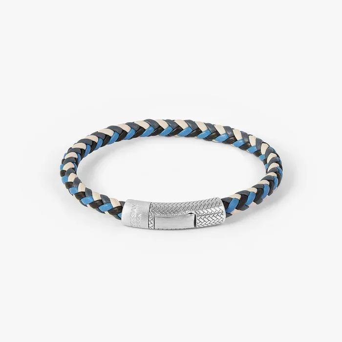 Herringbone Click Multi Pelle Bracelet In Rhodium Plated Sterling Silver With Blue Leather