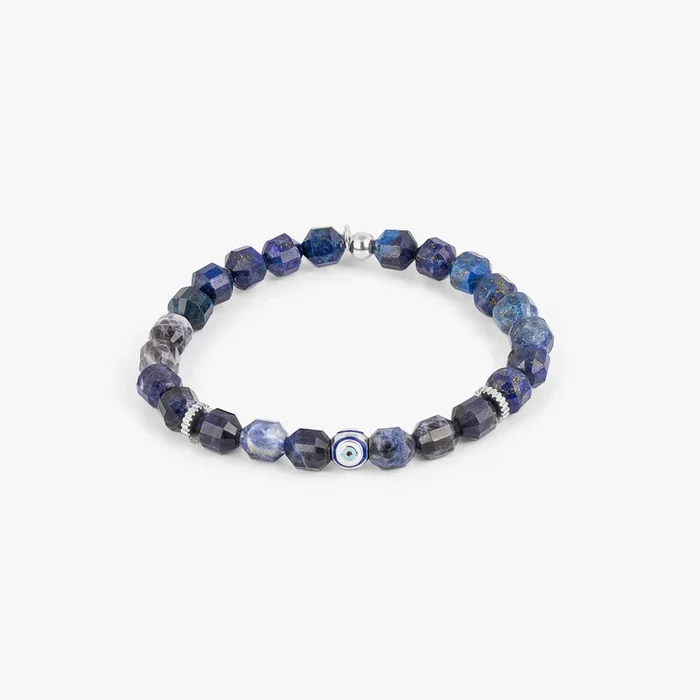 Hexade Evil Eye Bracelet In Rhodium Plated Sterling Silver With Sodalite